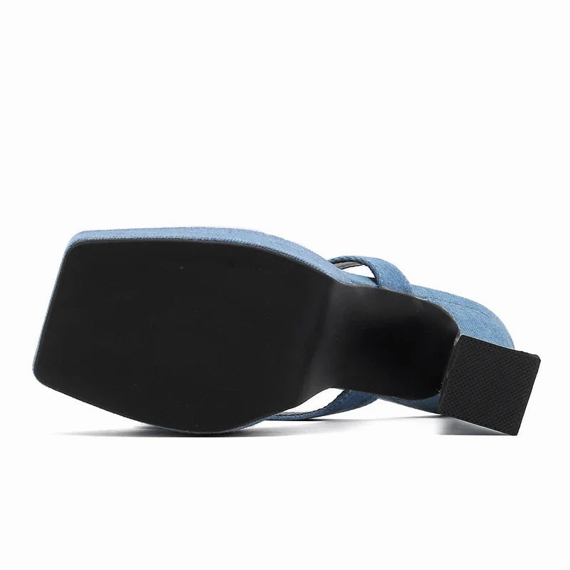 Microwavable Slippers binfenxie 2024 New Denim CRYSTAL Flower Women Slippers Slides Summer Design Fashion Peep Toe Square Heels Gladiator Sandals Shoes