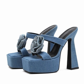 binfenxie 2024 New Denim CRYSTAL Flower Women Slippers Slides Summer Design Fashion Peep Toe Square Heels Gladiator Sandals Shoes Bandana House Slippers