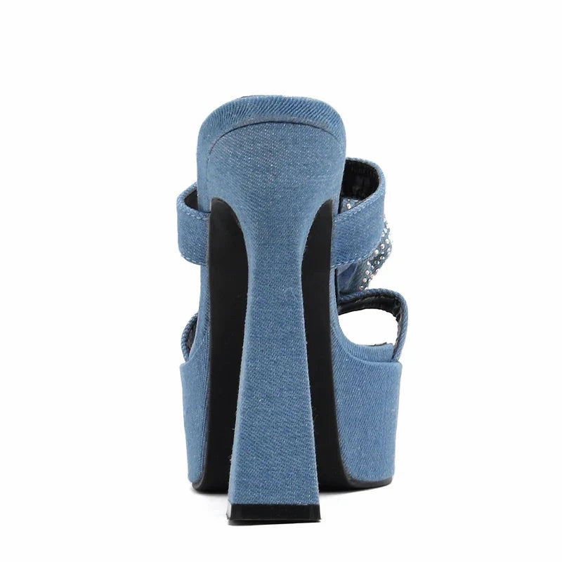 binfenxie 2024 New Denim CRYSTAL Flower Women Slippers Slides Summer Design Fashion Peep Toe Square Heels Gladiator Sandals Shoes Soulmate Slippers