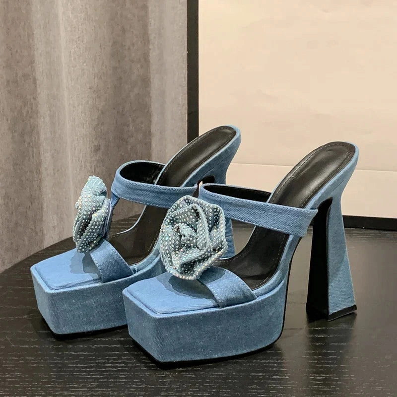 binfenxie 2024 New Denim CRYSTAL Flower Women Slippers Slides Summer Design Fashion Peep Toe Square Heels Gladiator Sandals Shoes Skechers Slippers