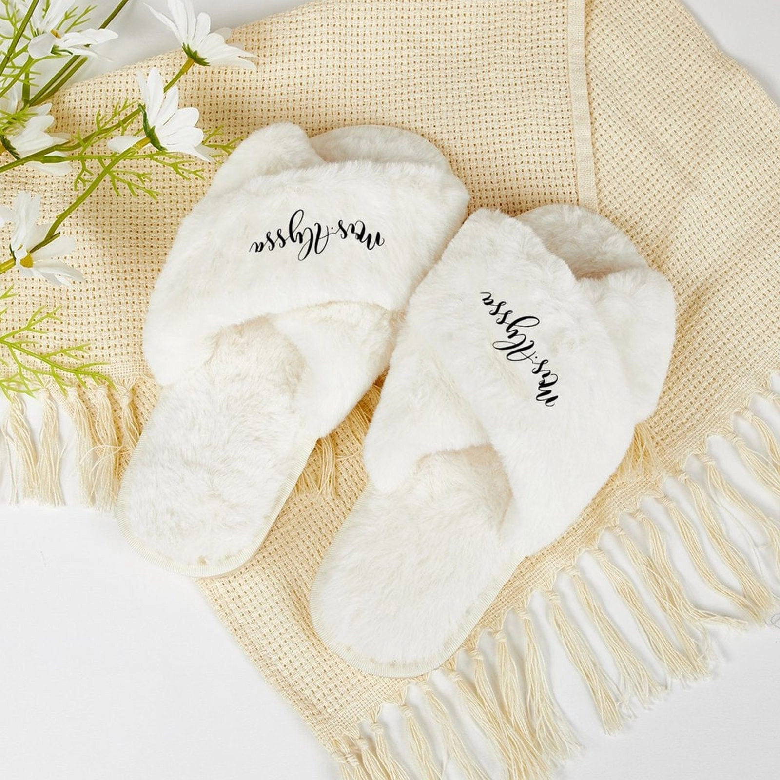 Drew Slippers Custom Name Bridesmaid Slippers Fluffy Bridal Slippers Fuzzy Cross Band House Slide Shoes