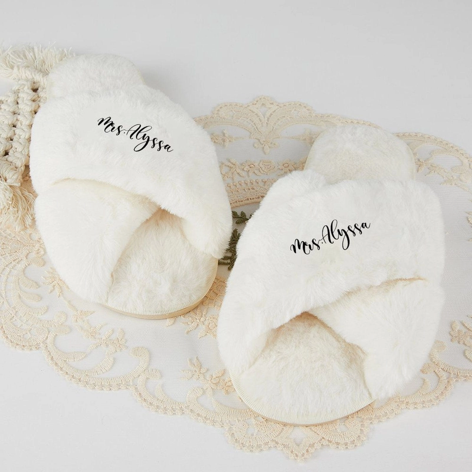 Custom Name Bridesmaid Slippers Fluffy Bridal Slippers Fuzzy Cross Band House Slide Shoes Custom Slide Sandals