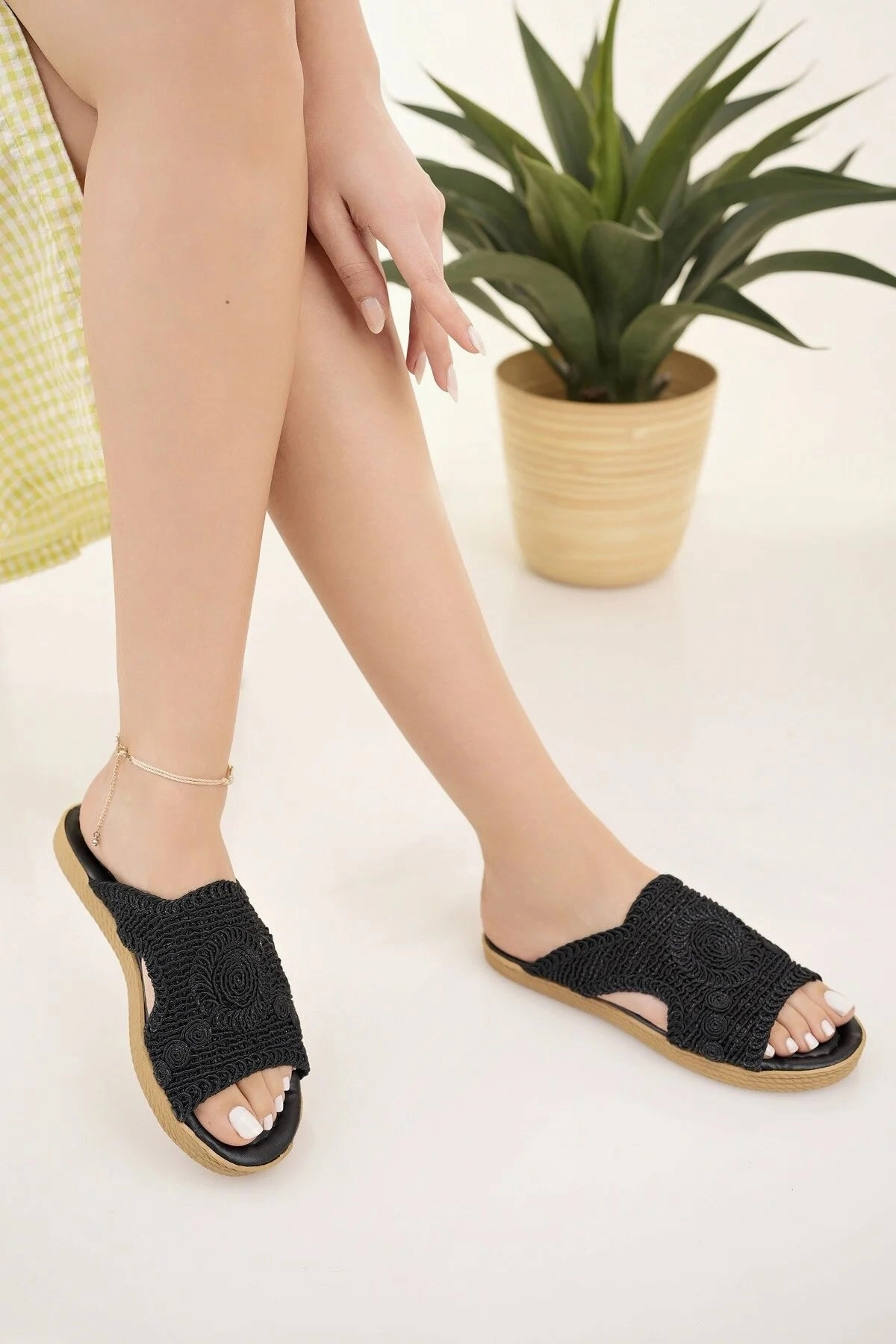 Modafrsat Women's Straw Knitting Lace Slippers Greek Slippers