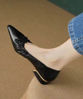 Classy Flat Shoes For Women Black Cowhide Leather Pointed Toe AP1024 Squatting With Shoes