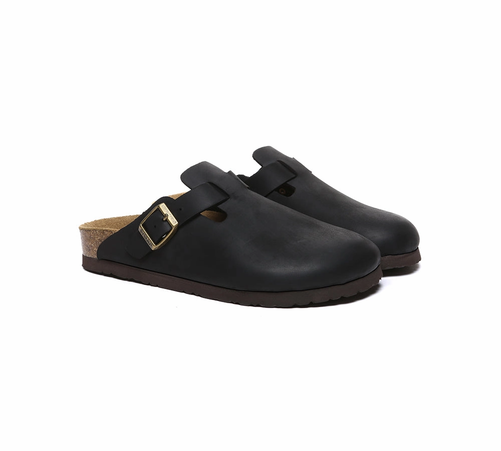 Plain Leather Sandals Men Leather Adjustable Buckled Straps Slip-on Flat Sandal Slides Brooklyn