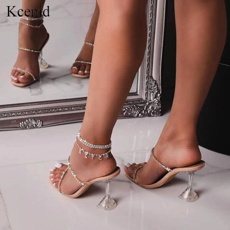 New fashion rhinestone transparent high heels square toe Dude Slippers