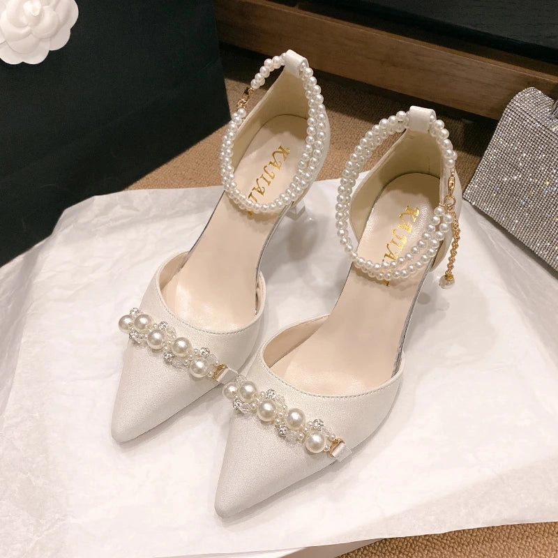 Powerstep Sandals binfenxie Women's Sandals Summer New Pointy Beaded Buckle Bag with Wedding Heels Stylish Temperament Stiletto Heels Party Shoes