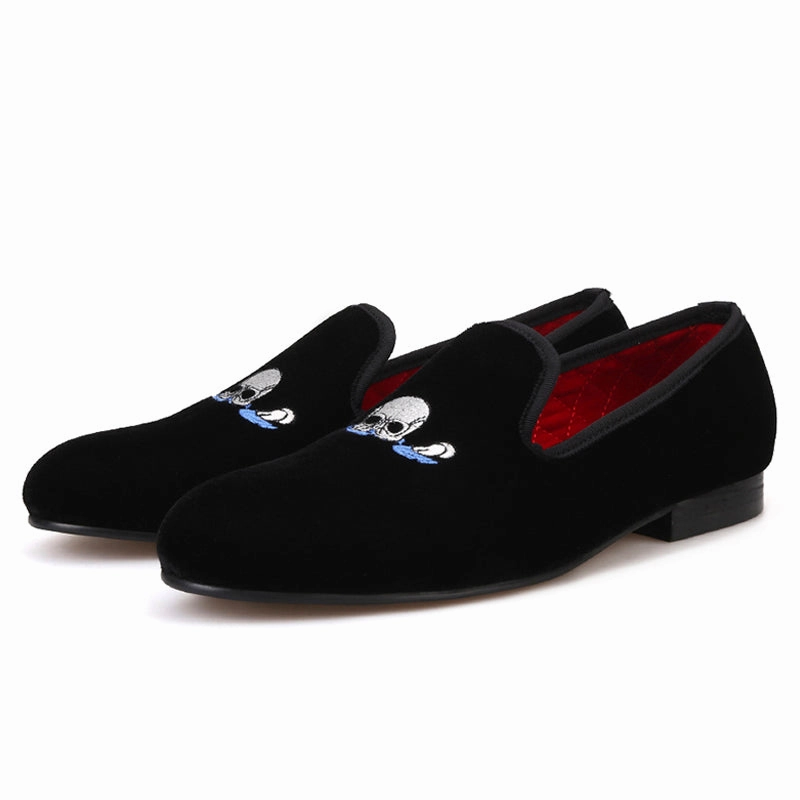 OneDrop Handmade Men Black Velvet Skull embroidery Dress Shoes Party Wedding Prom Loafers Wedge Loafers Patent Leather Between $5 And $50