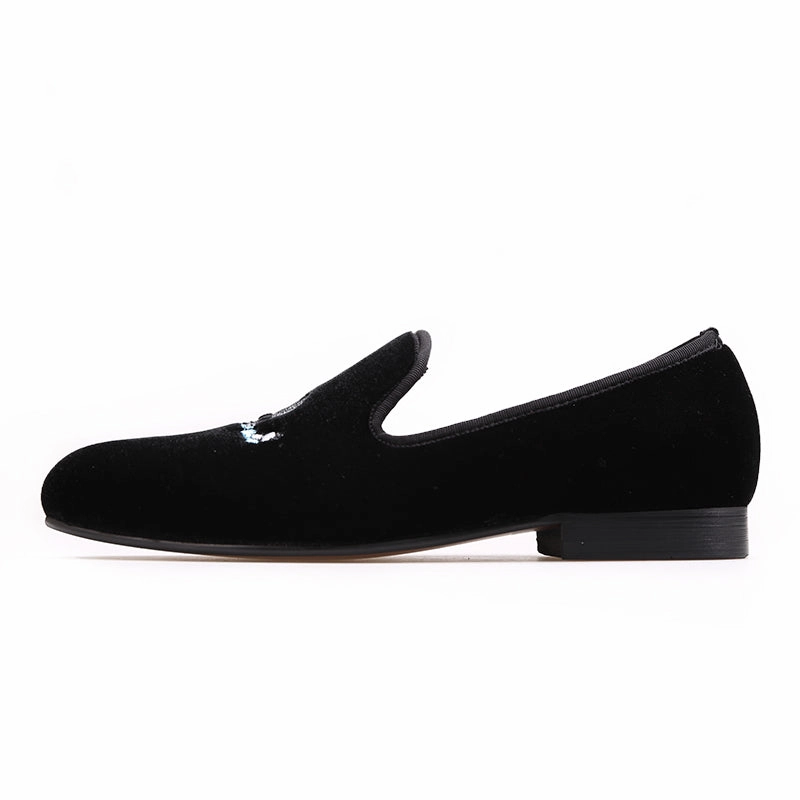 Velvet Loafers OneDrop Handmade Men Black Velvet Skull embroidery Dress Shoes Party Wedding Prom Loafers