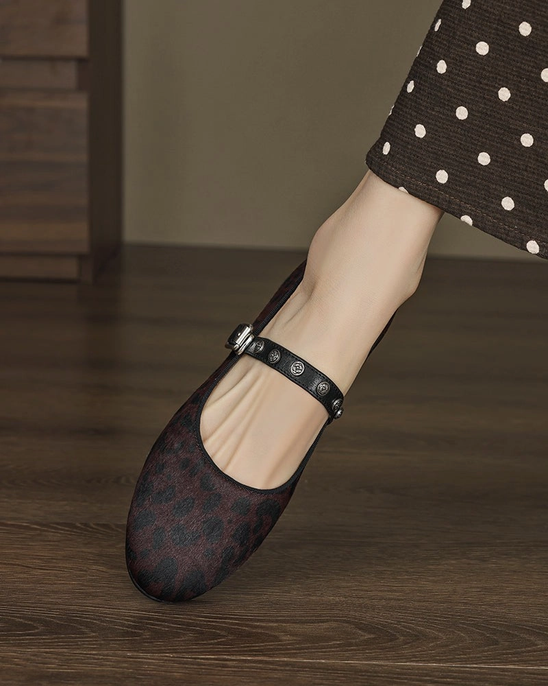 Cherry Wood Loafers Vintage Leopard Print Mary Jane Ballerina Ballet Flats with Straps