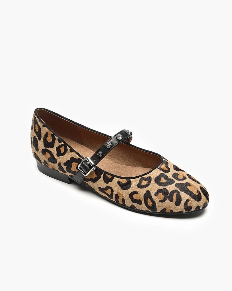 Vintage Leopard Print Mary Jane Ballerina Ballet Flats with Straps Light In Your Loafers