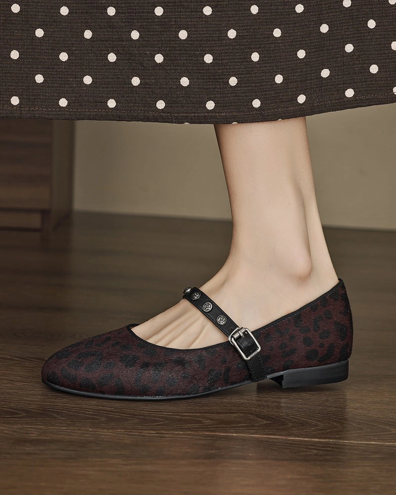 4.zerogrand Penny Loafers Vintage Leopard Print Mary Jane Ballerina Ballet Flats with Straps