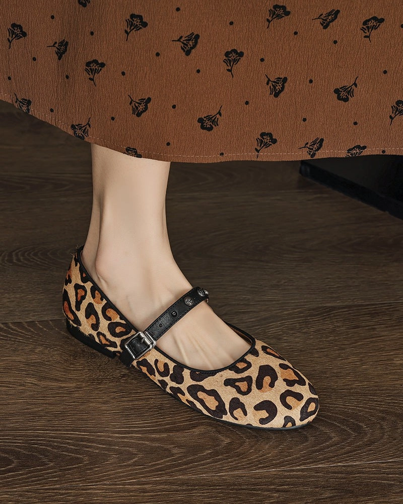 Vintage Leopard Print Mary Jane Ballerina Ballet Flats with Straps Top Sider Loafers