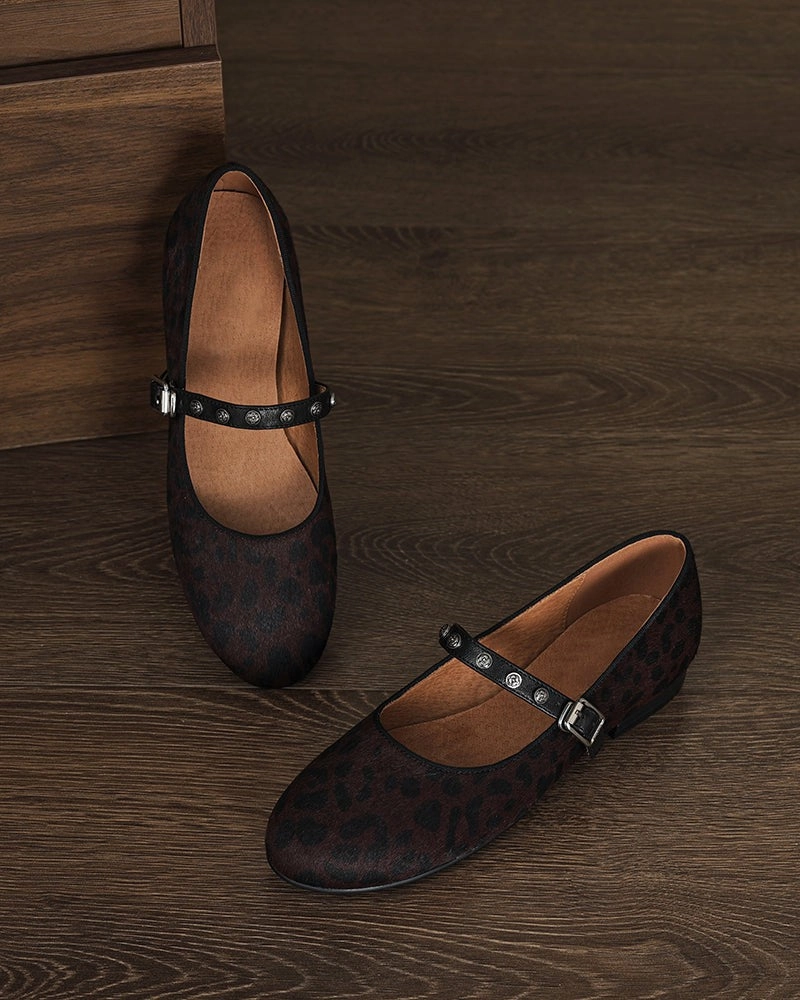 Star Loafers Vintage Leopard Print Mary Jane Ballerina Ballet Flats with Straps
