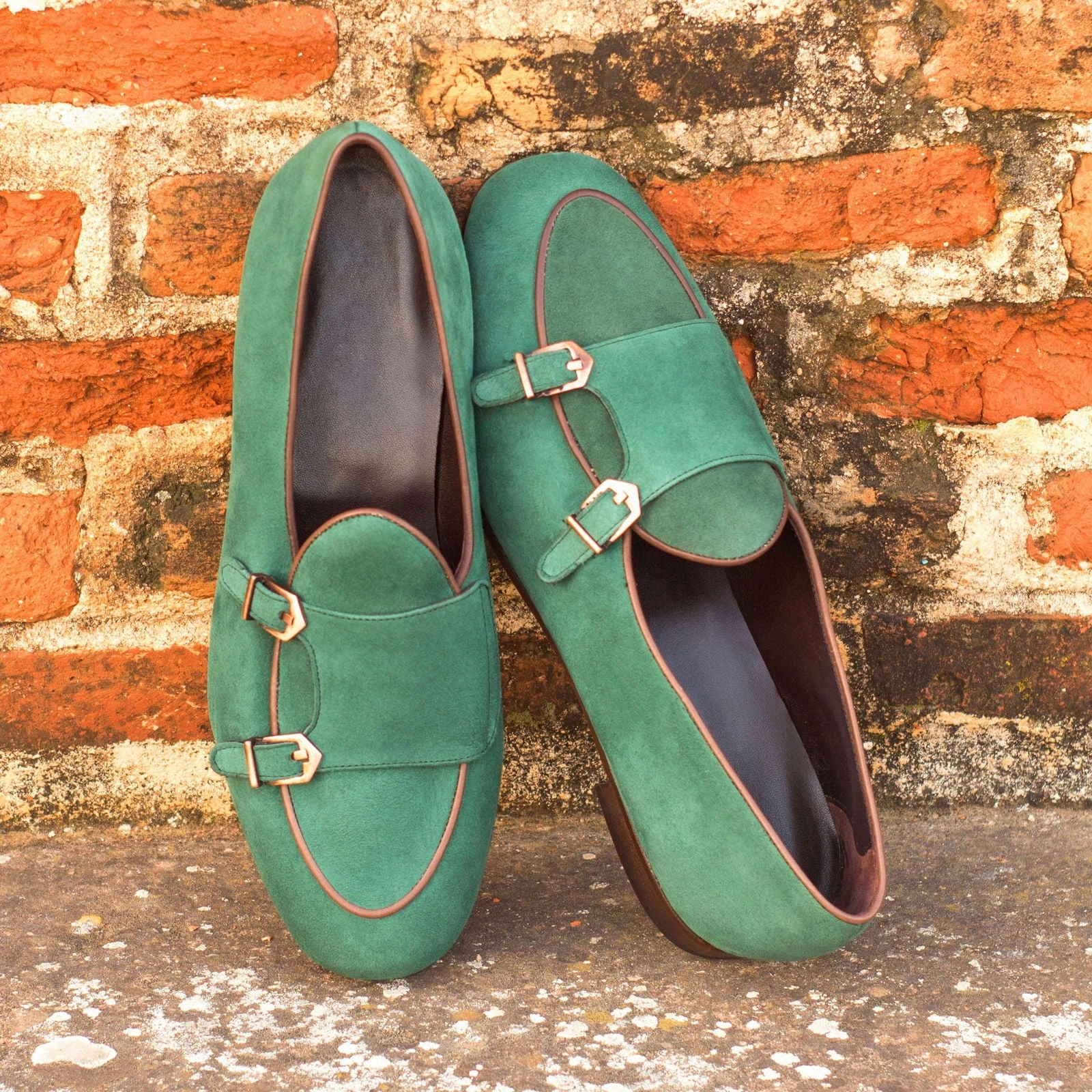 Prime Slippers Men's Double Monk Leather Slippers Wide Plus Size Green Dark Brown 3697