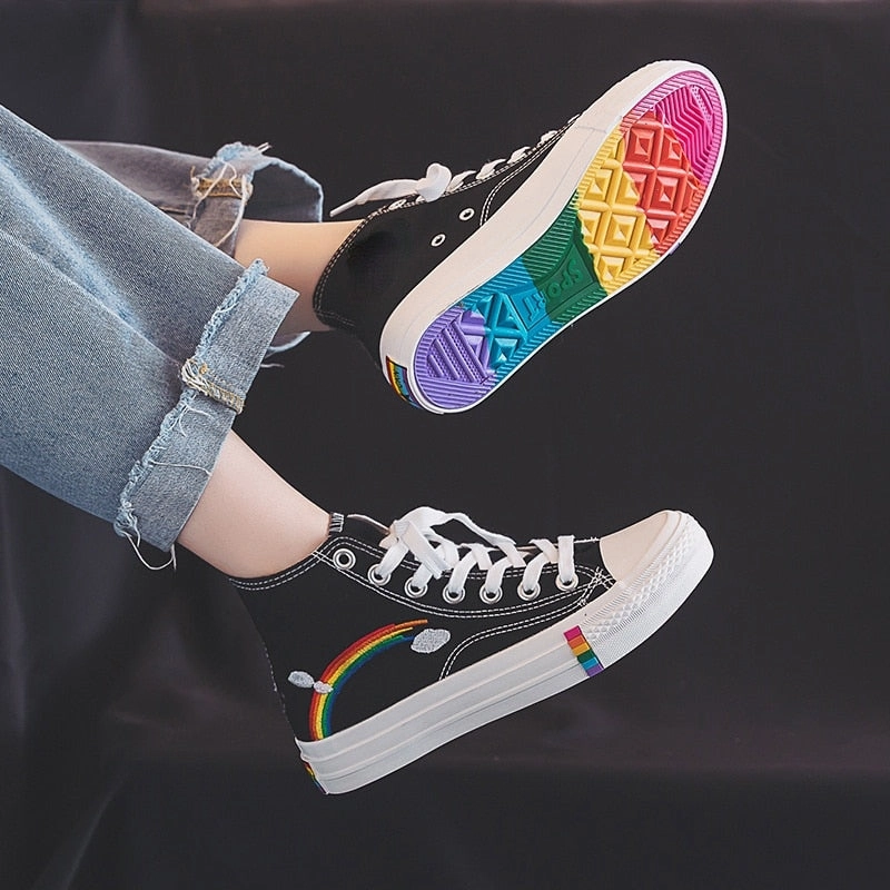 Notice Sneakers Vulcanized Shoes Woman Sneakers New Rainbow Retro Canvas Shoes Flat Fashion Comfortable High Shoes Women