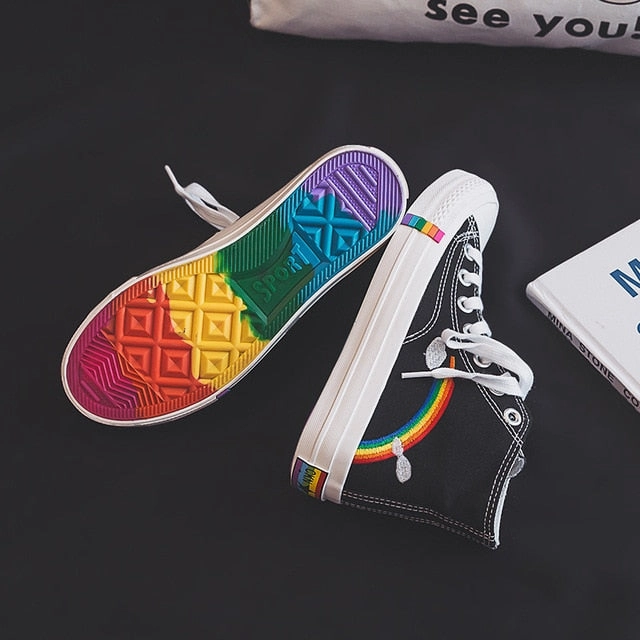 Vulcanized Shoes Woman Sneakers New Rainbow Retro Canvas Shoes Flat Fashion Comfortable High Shoes Women Thigh High Sneakers