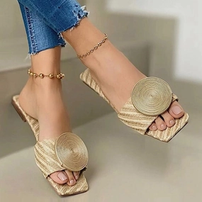 2020 Ladies Slippers Beach Summer Shoes Weave Female Flat Slides Outdoor Women Shoes Casual Ladies Sandals Plus Size Metal Wide Shoes For Flat Feet