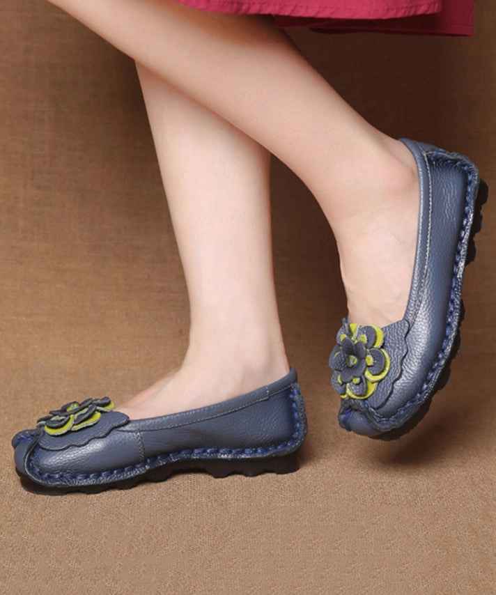 Women Navy Faux Leather Flower Splicing Flat Feet Shoes Leather Shoes For Flat Feet