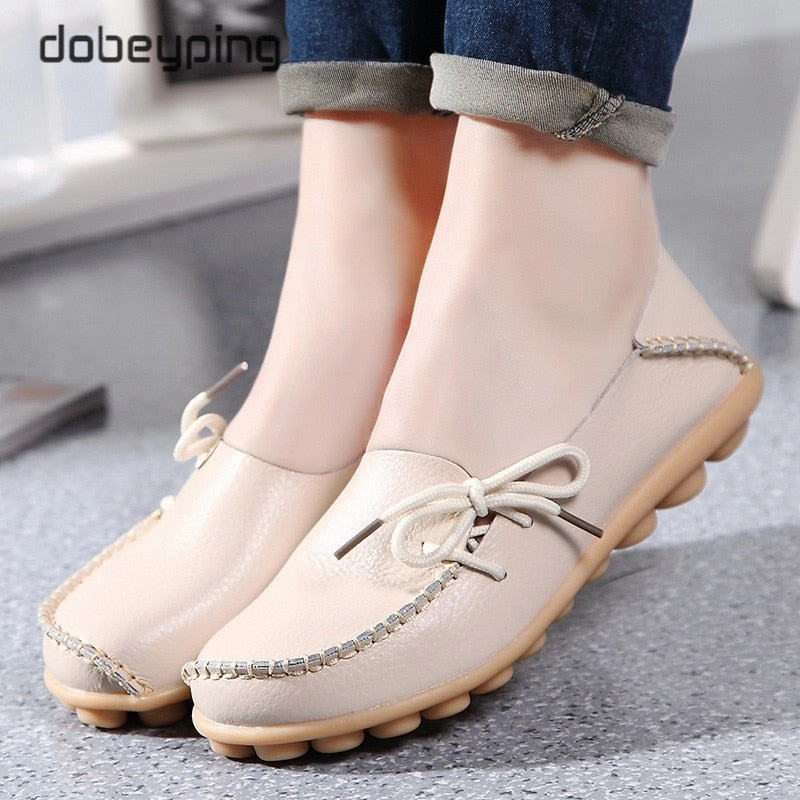 New Moccasins Women Flats 2019 Autumn Woman Loafers Genuine Leather Female Shoes Slip On Ballet Bowtie Women's Shoe Size 35-44 Thick Sole Loafers