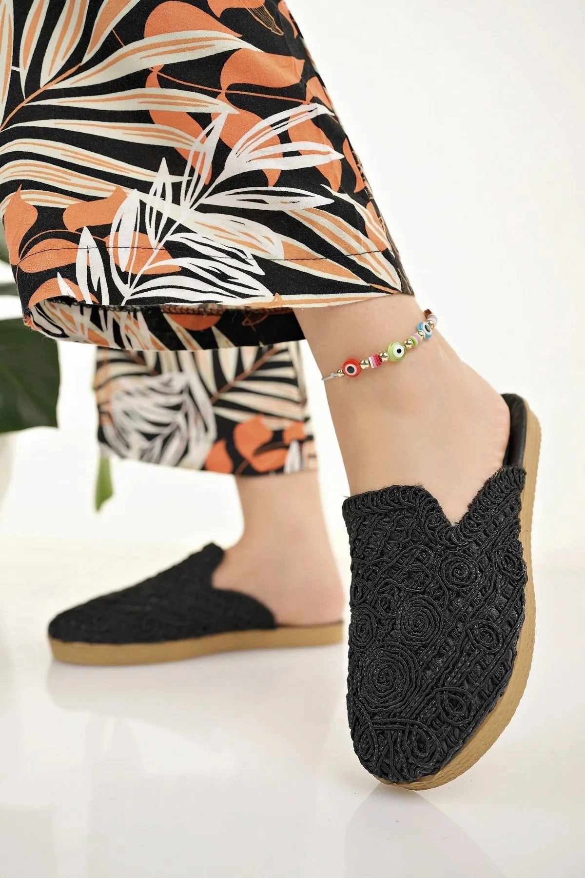 Open Back Slippers Modafrsat  Women's Straw  Closed Knit Lace Embroidery Slippers