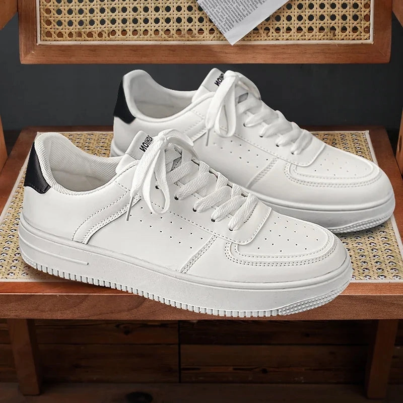 Flat Rubber Shoes White Leather Sneakers for Men-Casual Lightweight Flat Shoes
