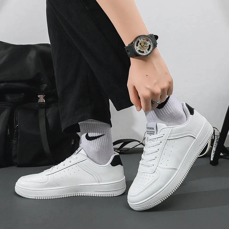 Flat Shoes Brand Names White Leather Sneakers for Men-Casual Lightweight Flat Shoes