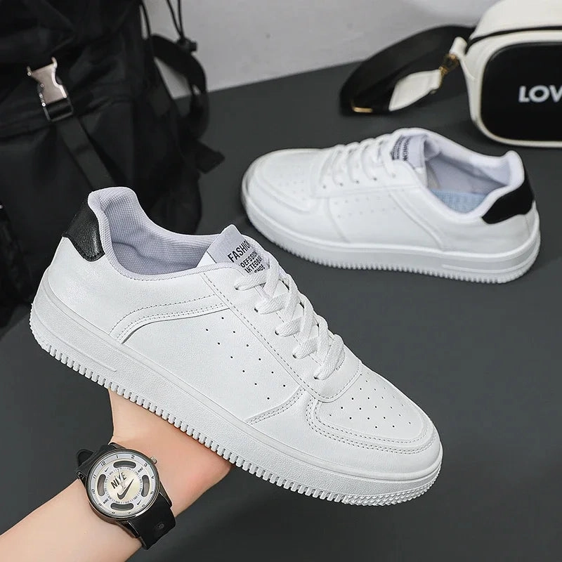 White Leather Sneakers for Men-Casual Lightweight Flat Shoes Wing Flats Shoes