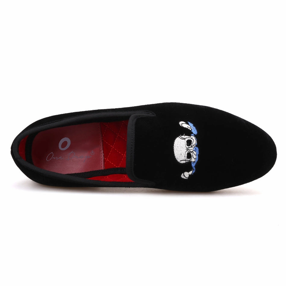 OneDrop Handmade Men Black Velvet Skull embroidery Dress Shoes Party Wedding Prom Loafers Tie Loafers