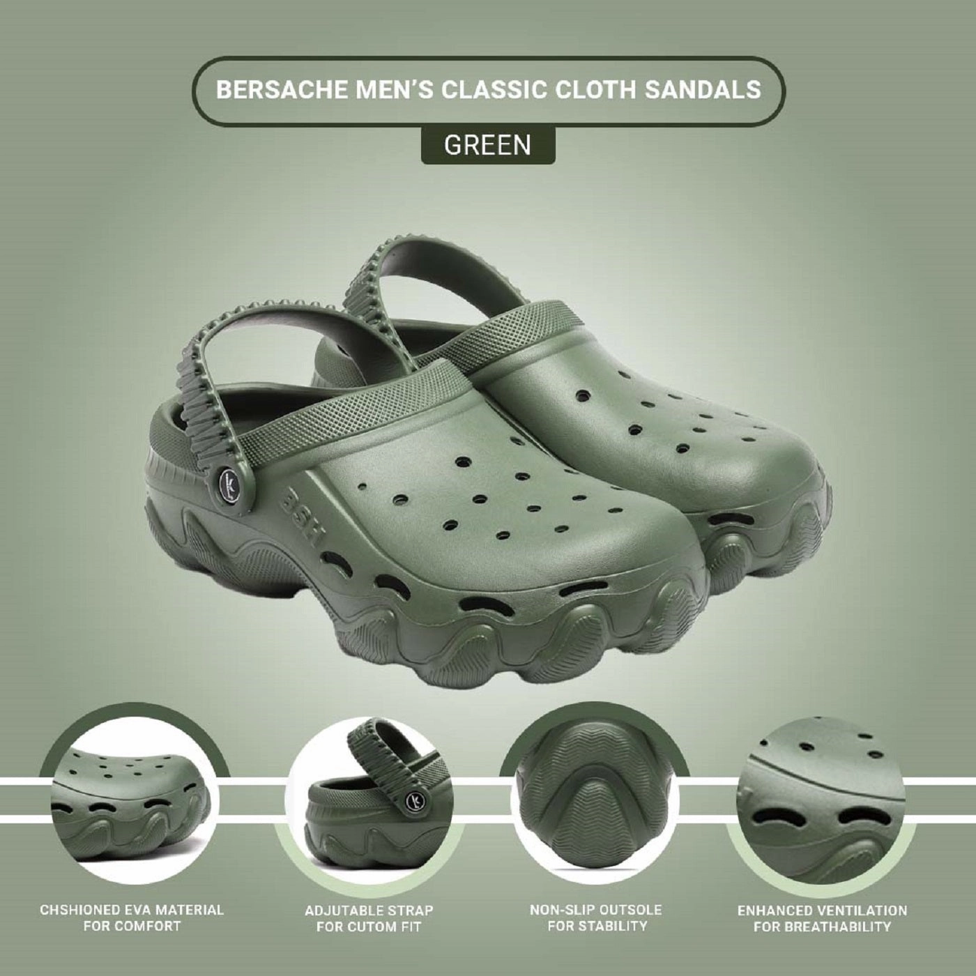 Bersache Extra Soft Classic Casual with  Regular wear with Ultra Soft & Flexibility Technology Clog's for Men's & Boy's (6088-Green) Comfortable Slides