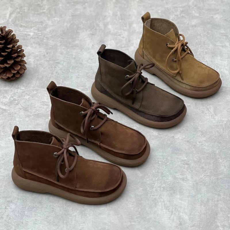 Women Handmade Retro Leather High-topLace-up Casual Shoes Solid Casual Shoes