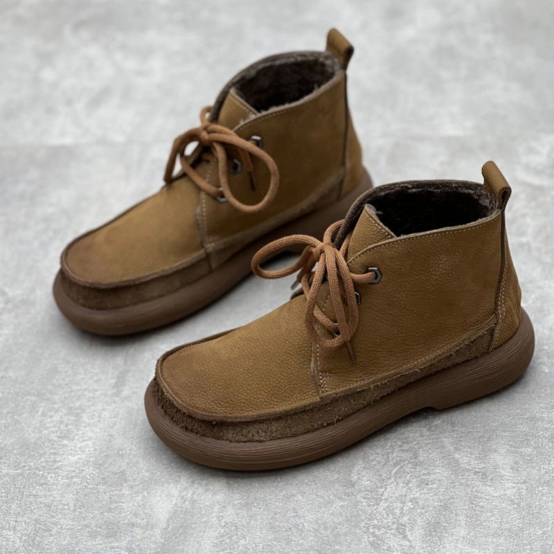 Summer Casual Slip On Shoes Women Handmade Retro Leather High-topLace-up Casual Shoes