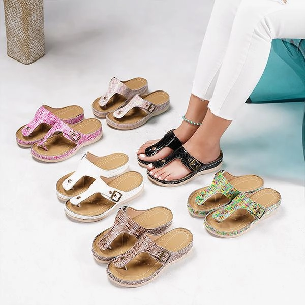 Women's Casual Metal Buckle Wedge Plaid Flip Flops 37849273S Silk Flip Flops