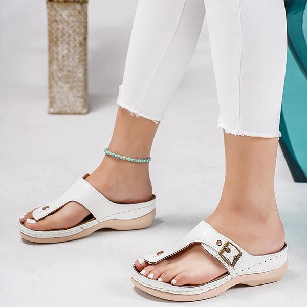 Women's Casual Metal Buckle Wedge Plaid Flip Flops 37849273S Seashell Flip Flops