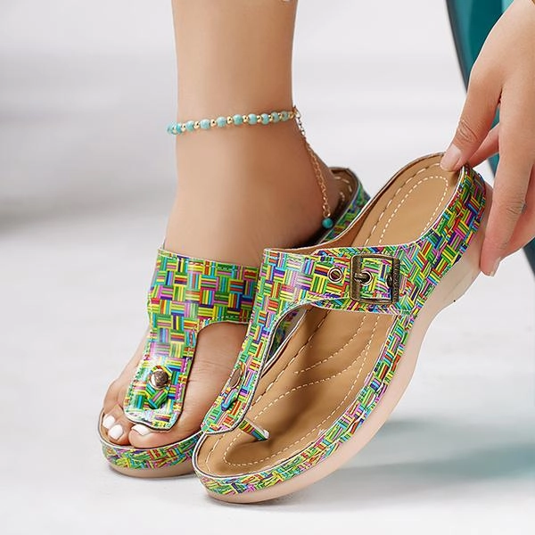 Women's Casual Metal Buckle Wedge Plaid Flip Flops 37849273S Flip Flops For Sale Cheap