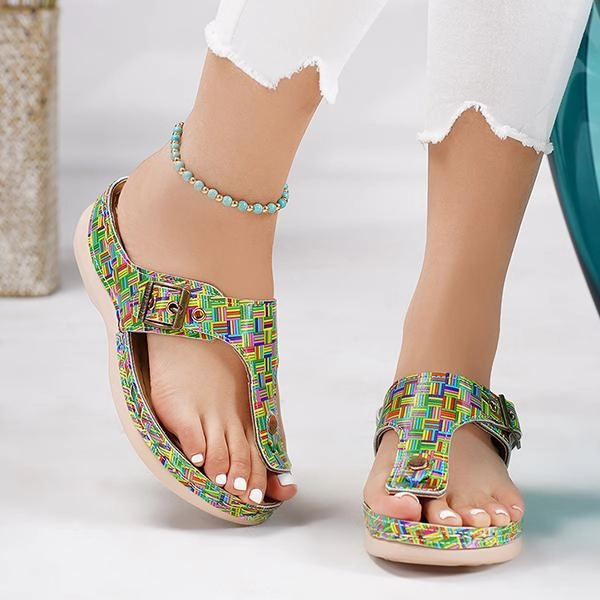 Braves Flip Flops Women's Casual Metal Buckle Wedge Plaid Flip Flops 37849273S