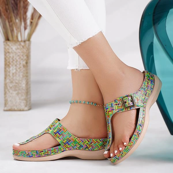 Women's Casual Metal Buckle Wedge Plaid Flip Flops 37849273S Lifetime Warranty Flip Flops