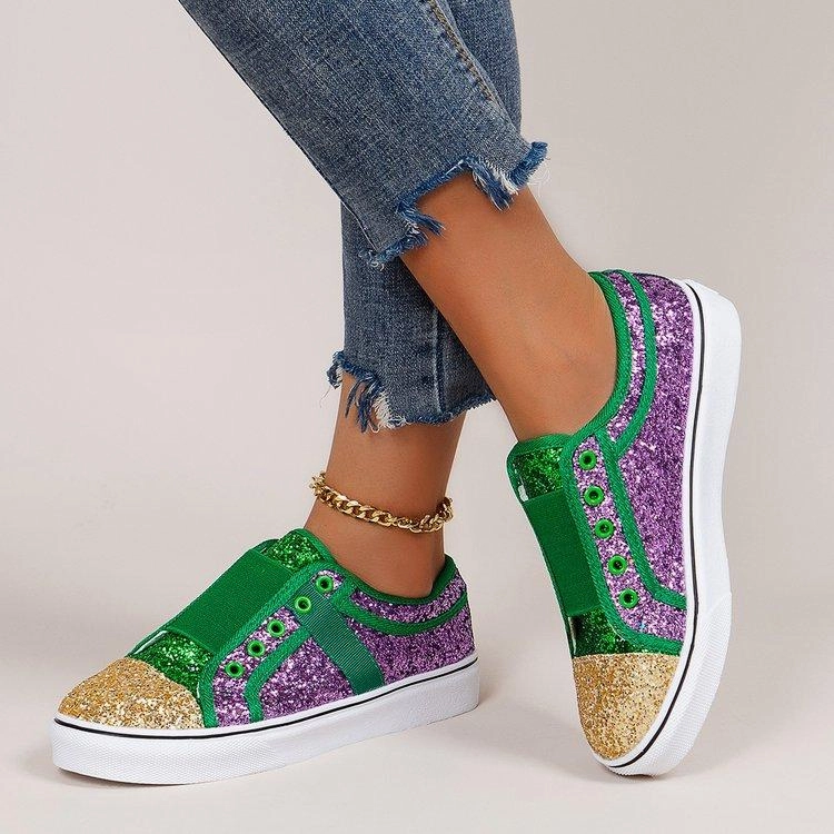 Plaid Sneakers Women's colorful patchwork rhinestone glitter slip on canvas shoes