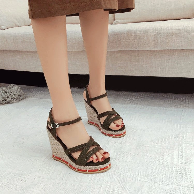 Tory Burch Miller Sandals Women's Cross Strap Rivets Wedge Heel Platform Sandals