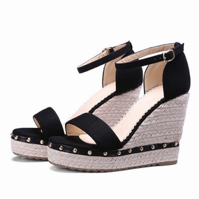 Women's Fashion  Summer High Wedge Sandals Shoes - Black,Pink,Apricot Wood Sandals Japan