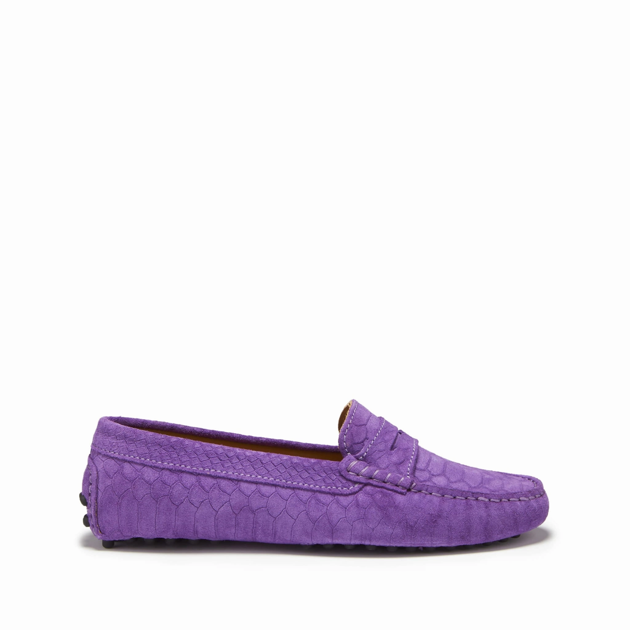 Slip On Mule Loafers Women's Penny Driving Loafers, purple embossed suede