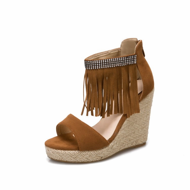 Sandals Credit Card Login Women's Rhinestone Ankle Strap Tassel Woven Wedge Heel Platform Sandals