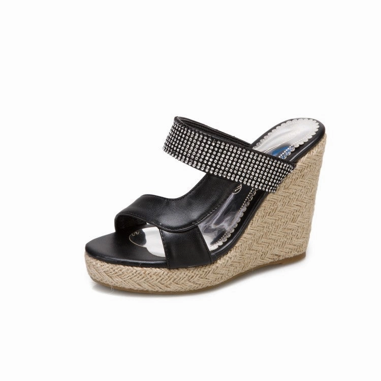 Women's Rhinestone Woven Wedge Heel Platform Sandals Camel Crown Sandals