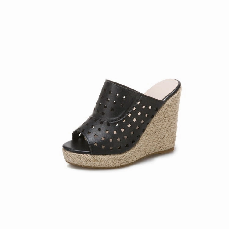 Women's Solid Color Hollow Out Woven Wedge Heel Platform Sandals Width Wide Sandals