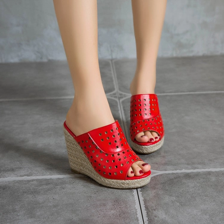 Cute Flat Sandals Women's Solid Color Hollow Out Woven Wedge Heel Platform Sandals