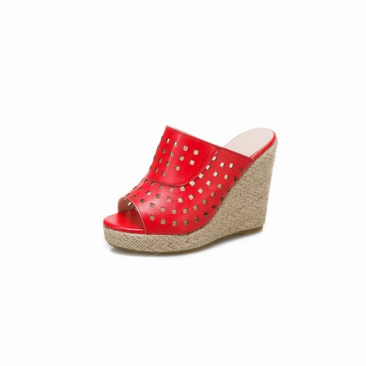 Sandals With Women's Solid Color Hollow Out Woven Wedge Heel Platform Sandals