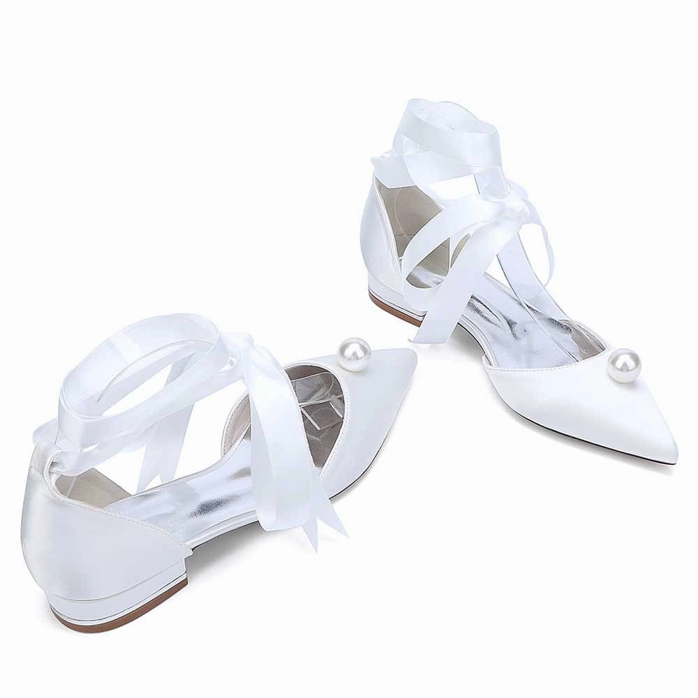 Women Satin Flat Shoes Ankle Strap Ballet Shoes With Preal Wedding Shoes Flat Tip Shoes