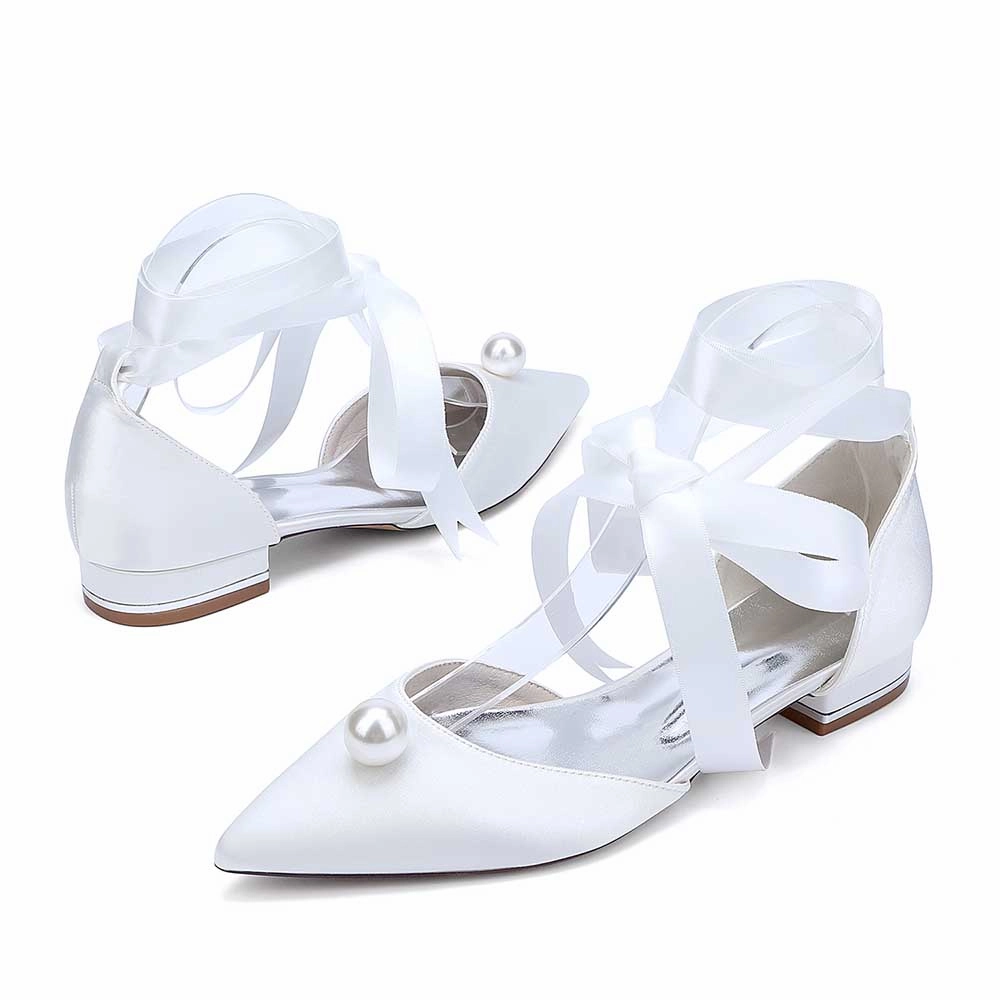 Women Satin Flat Shoes Ankle Strap Ballet Shoes With Preal Wedding Shoes Flat Shoes Dangling