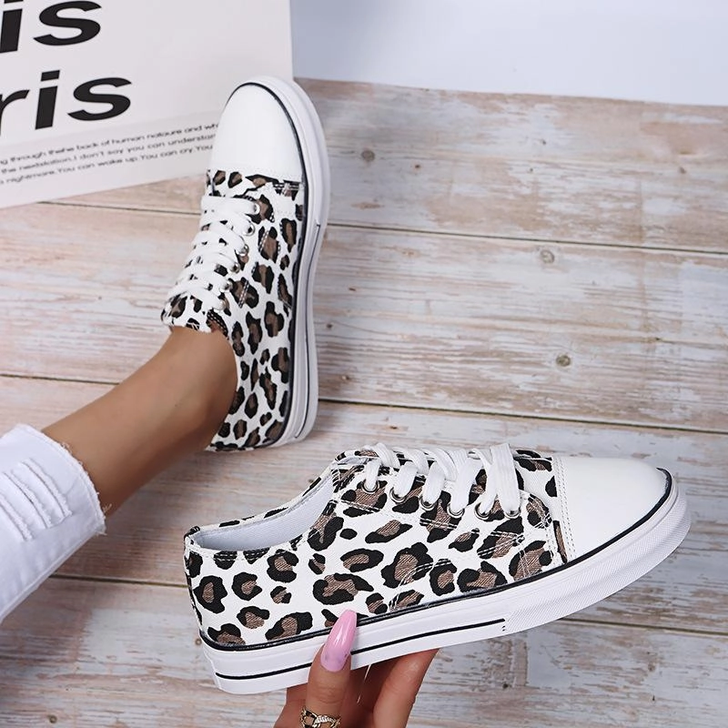 High Neck Casual Shoes Women thick sole flat lace up casual leopard sneakers