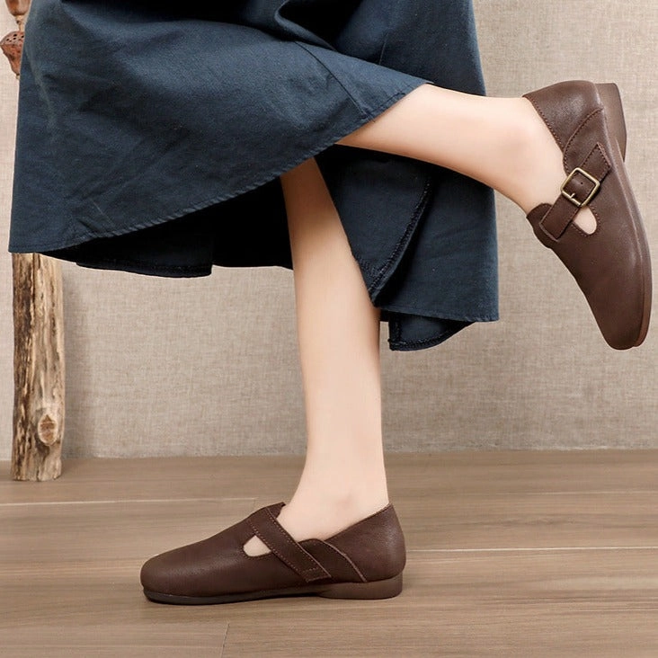Womens Retro Handmade Soft Leather Flat Casual Shoes Comfortable Breathable Slip On Arch Support Non-slip Casual Shoes